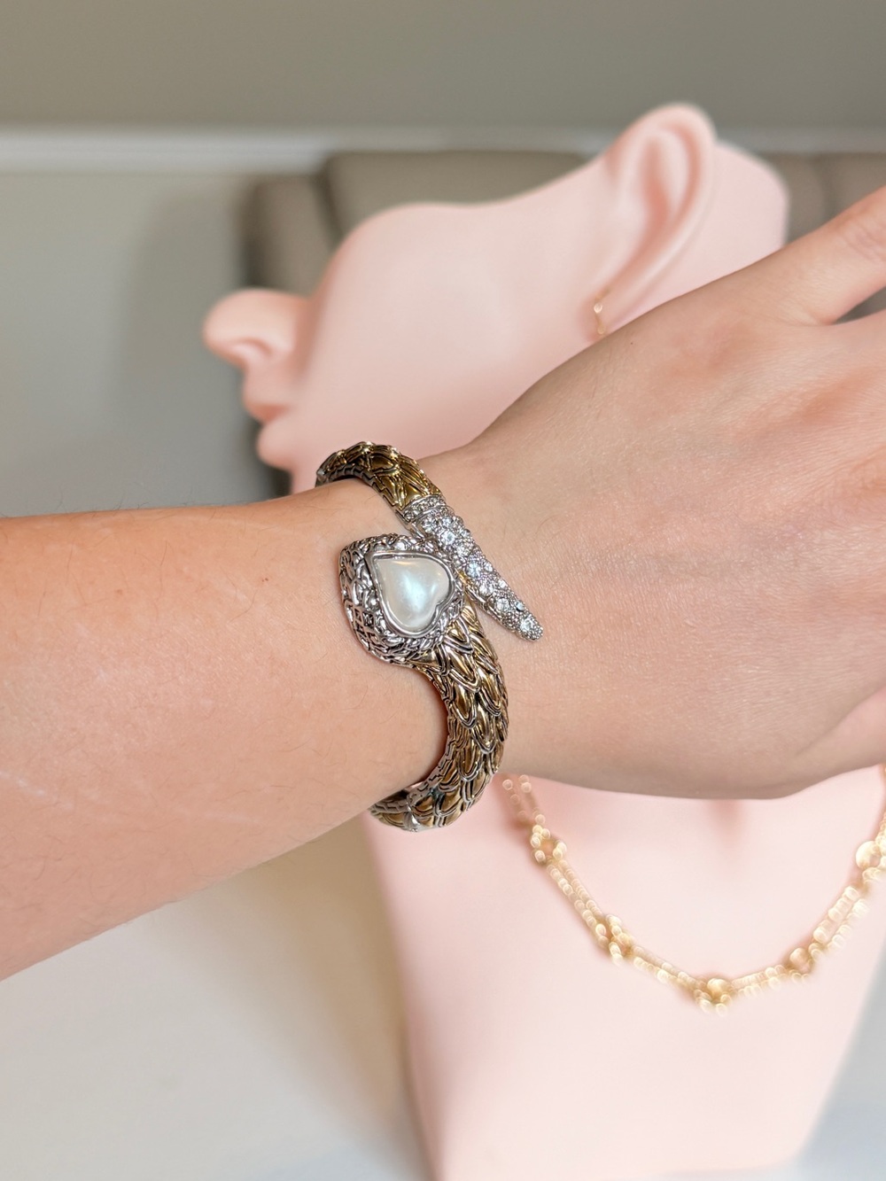 Gold-Tone Snake Bracelet with Pearl and Crystal Accents